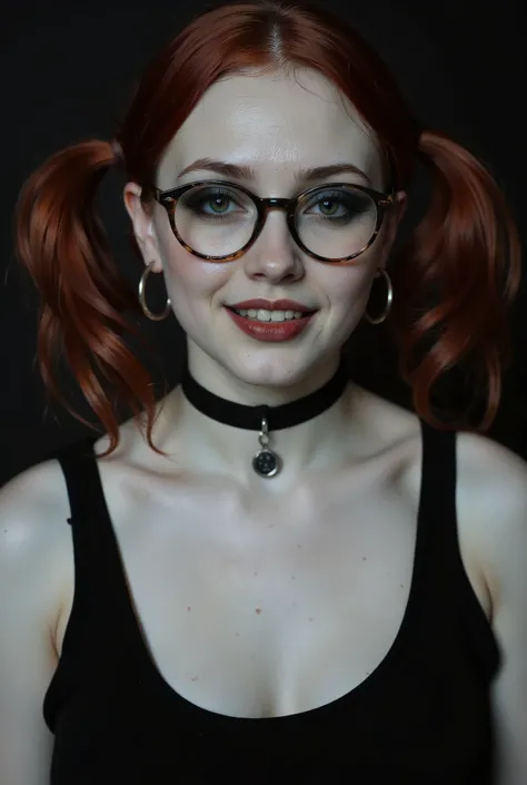 Face portrait of a pale redhead goth emo, Her dark, haunting eyes are framed by black eyeshadow and eyeliner. Her hair made up in two ponytails. Her lips, painted in deep crimson, curl into a soft smile—equal parts vulnerable and dangerous, as if she knows...