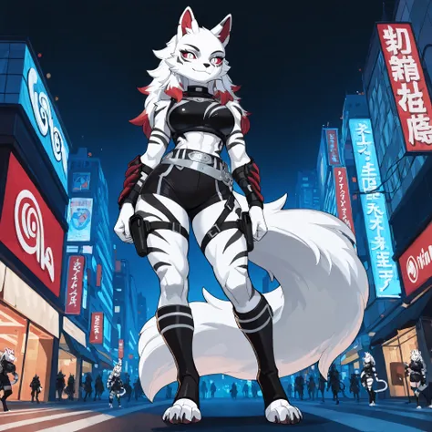 Anime style, masterpiece, best quality, full body picture, (centered), three-quarters view, 1girl, PLHighwire, furry, anthro, athletic build, female white wolf, digitigrade legs, white fur covered body, black toeless boots, calf length boots, boots with st...