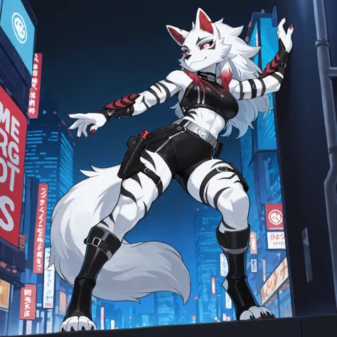 Anime style, masterpiece, best quality, full body picture, (centered), three-quarters view, 1girl, PLHighwire, furry, anthro, athletic build, female white wolf, digitigrade legs, white fur covered body, black toeless boots, calf length boots, boots with st...