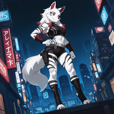 Anime style, masterpiece, best quality, full body picture, (centered), three-quarters view, 1girl, PLHighwire, furry, anthro, athletic build, female white wolf, digitigrade legs, white fur covered body, black toeless boots, calf length boots, boots with st...