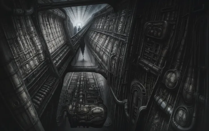 Create a biomechanical surrealist composition in the style of H.R. Giger The image depicts a highly detailed, intricate mechanical structure that is opened criocapsule with a futuristic design, supporting pipes, valves, and complex mechanicals emphasizing...