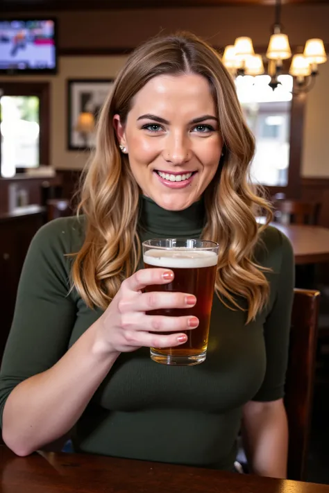 photo of stunningly attractive busty girl having a glass of craft beer, (natural breasts pushing against her shirt), (gorgeous face), wearing adark green turtleneck t-shirt, she is happy smiling, winged eyeliner, cleavage, [beautiful long blonde hair], Her...