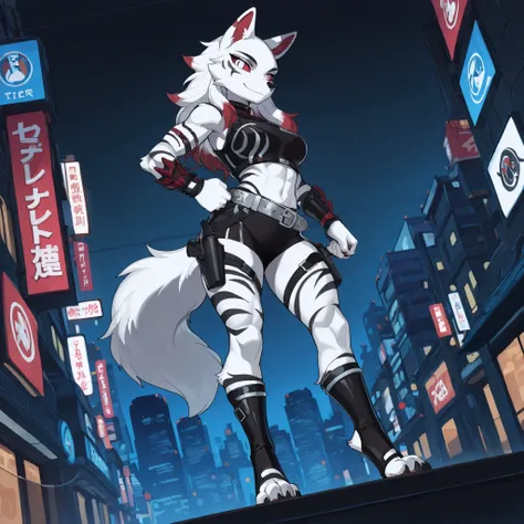 Anime style, masterpiece, best quality, full body picture, (centered), three-quarters view, 1girl, PLHighwire, furry, anthro, athletic build, female white wolf, digitigrade legs, white fur covered body, black toeless boots, calf length boots, boots with st...