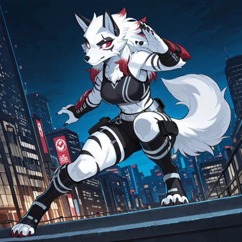 Anime style, masterpiece, best quality, full body picture, centered, three-quarters view, 1girl, PLHighwire, furry, tall, anthro, female white wolf, digitigrade legs, white fur covered body, black toeless boots, calf length boots, boots with straps, black ...
