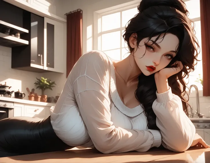 (masterpiece:1.2), (best quality:1.2), ultra detailed, 8k, watercolor, cinematic lighting, volumetric_lighting, rim light, soft shadows, ((forced_perspective)), (Diminishing scale perspective:1.3), sleek modern kitchen under cool white LED lighting, stainl...