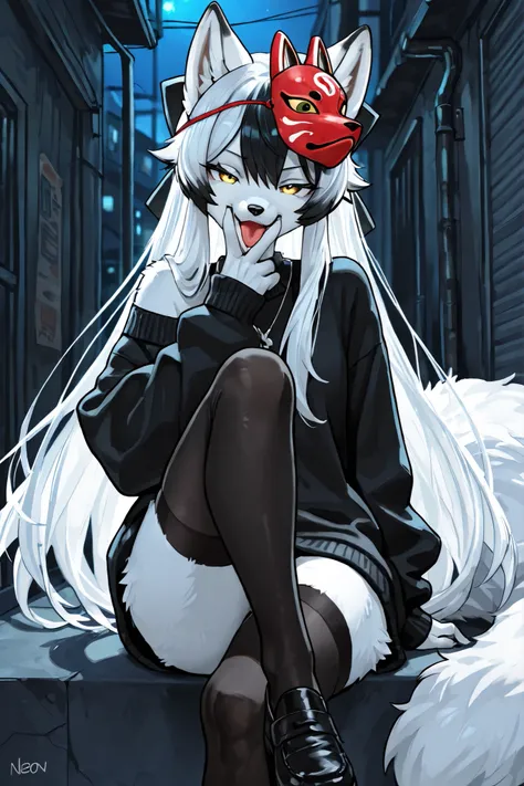 Beautiful Portrait of a Arctic Fox Furry Anthro, White Fur, Yellow Eyes, Long Hair, White Hair, Beautiful, Highest quality, Highest quality, High quality illustrations, masterpiece, Ultra-high resolution, Detailed Background, Back Alley, night, Absurd, Per...