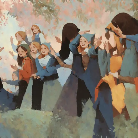 drki, hyper detailed portrait of 4girls, emotional, discussing, facil expression, detailed medieval clothes, ethereal, flat illustration aesthetic, painterly illustration, gouache painting, soft lighting illustration, 2d art, delicate background, masterpie...