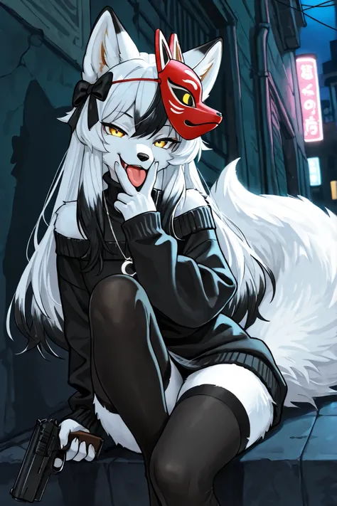 Beautiful Portrait of a Arctic Fox Furry Anthro, White Fur, Yellow Eyes, Long Hair, White Hair, Beautiful, Highest quality, Highest quality, High quality illustrations, masterpiece, Ultra-high resolution, Detailed Background, Back Alley, night, Absurd, Per...