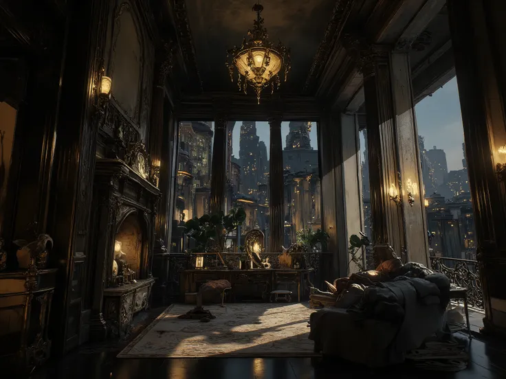 luxury penthouse interior in dark colors in modern style, haunted