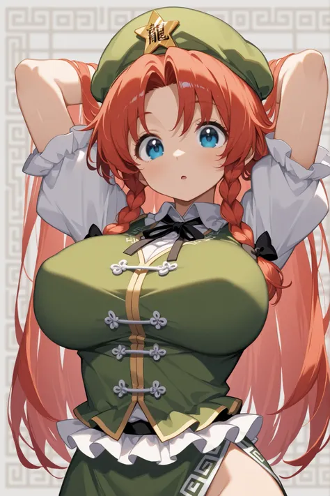 touhou, hong_meiling, masterpiece, best quality, young girl, big breasts, tareme, Eyes quarter closed, open eyes