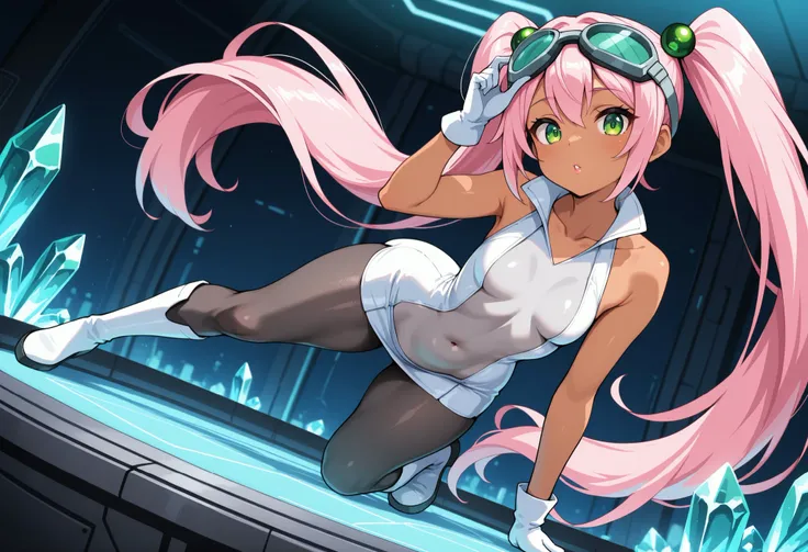 1girl, full body, Lovrina-inspired character, tan skin, vivid pink hair, very long pigtails, green eyes, looking at viewer, wearing a futuristic short dress (grey stomach, sleeveless), black pantyhose, grey thigh-high boots, white gloves, goggles on head, ...