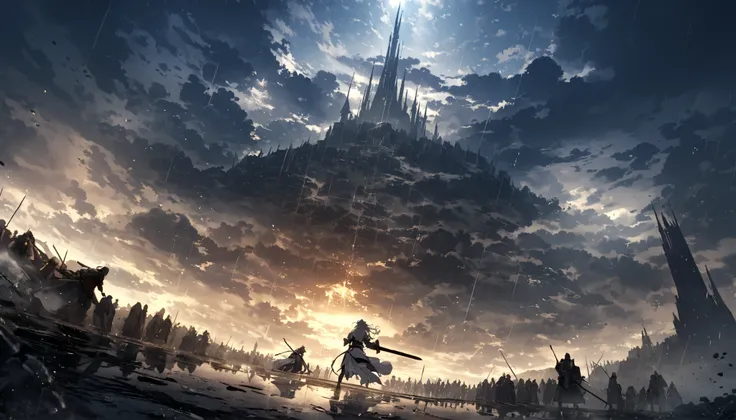 (anime)、(work of art:1.2),atmospheric perspective,lens reflection、A misty battlefield、Thick clouds cover the sky, making the world appear gray、As the rain falls, the knight bends down and sticks his sword.。He seems frustrated and swears revenge.。Rain soake...