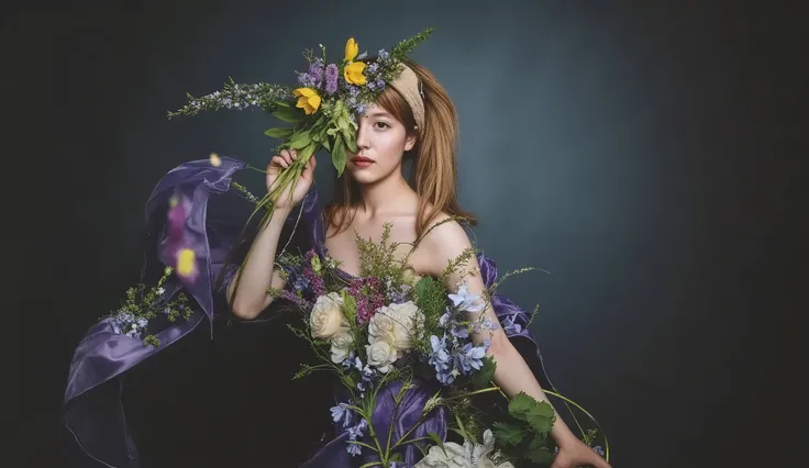 Picture of a flower of hope , (Skeletal:1.3), ((female  decorated  princess)), ( long, 1 woman with fluttering blond hair ), (Beautiful bright blue eyes), Big Breasts, Chest, (erect nipples with hands), Slender Body,  abs, curvy body, naked ass, Art Statio...