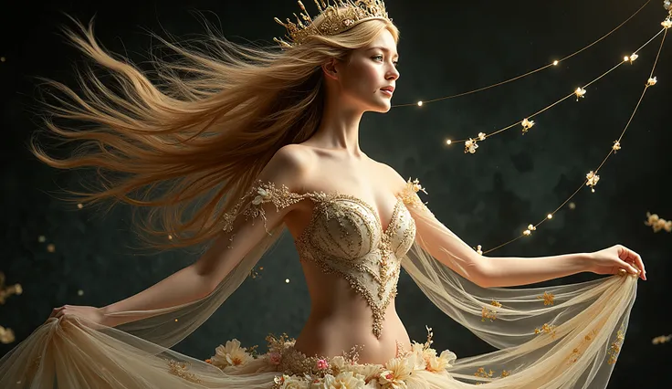 Picture of a flower of hope , (Skeletal:1.3), ((female decorated princess)), ( long, 1 woman with fluttering blond hair ), (Beautiful bright blue eyes), Big Breasts, Chest, (erect nipples), Slender Body, abs, curvy body, naked ass, Art Station Trends, J...