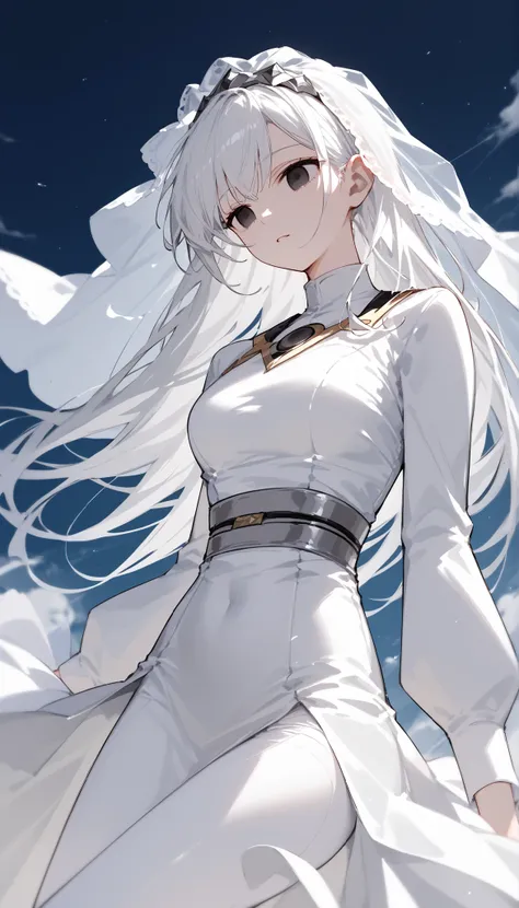 girl,,in Black Eyes,long hair,Long-sleeved tight-fitting shirt,White Tights ,Light Eye,Flying in the sky, white hair, hero costume,good figure,slim,Upper Body Shape, white shirt ,long white skirt,ใน empty eyes ,long hair,Beautiful hair, black eyes,,white v...