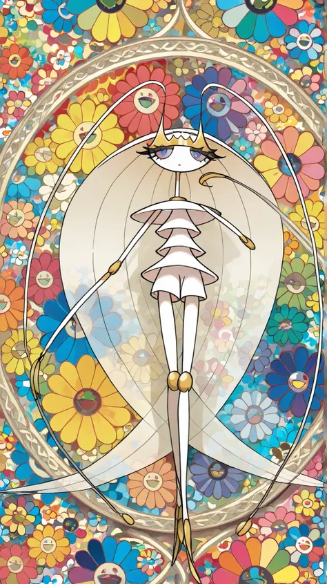 (in style of Takashi Murakami:1.0), beatiful face, feet,best quality,tonemapping, sharp focus, hyper detailed,(pheromosa),best quality,beautiful,pokemon,(2 fingers),(Clear eyes),solo,detaileds,8K,(slender:1.3),wallpaper,jumping kick,(Colorful flowers backg...