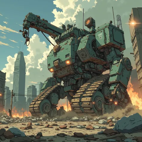 The silhouette of a decaying skyscraper can be seen hazy in the distance。Dynamic scavenger machine and large crane arm。
the center of the screen is covered with sturdy armor、future rubble of a destroyed city and dust Ruined land dancing々Standing with。
debr...