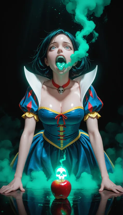 Snow White,Very detailed, Amazing work ,Best quality to the best, shiny skin, neckline pronunciado, perfect breasts, neckline, cinematographic lighting, atmospheric lights, Ultra detailed, bloom, dramatic atmosphere, centered, rule of thirds, f/1.4, 6 m...