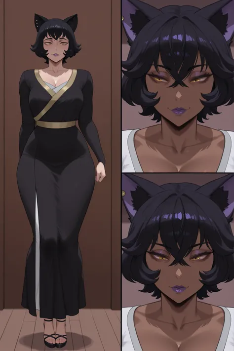 master piece, high quality,hires, 4k uhd,rating_explict, older woman, crows feet wrinkles, Kali_RWBY,eye shadow, purple lips, bimbo lips. black hair, yellow eyes, crossed bangs, dark skin, messy bob, mature woman,  pierced cat ears, netorare, multiple angl...
