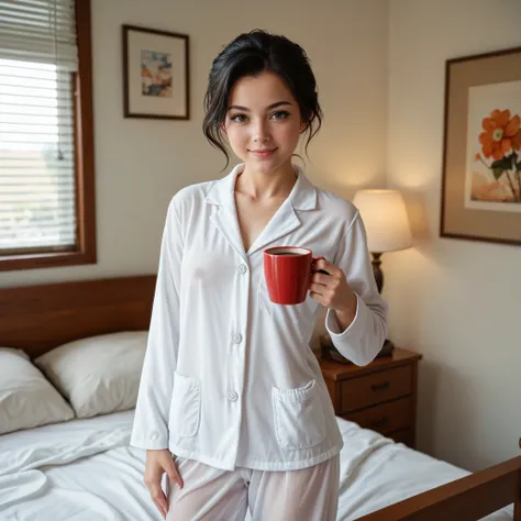 A young woman with short black hair stands directly next to her bed in white pajamas. She holds a cup of coffee in one hand and smiles warmly, looking directly into the camera. A cozy bedroom is in the background. The photo is framed from the waist up. The...