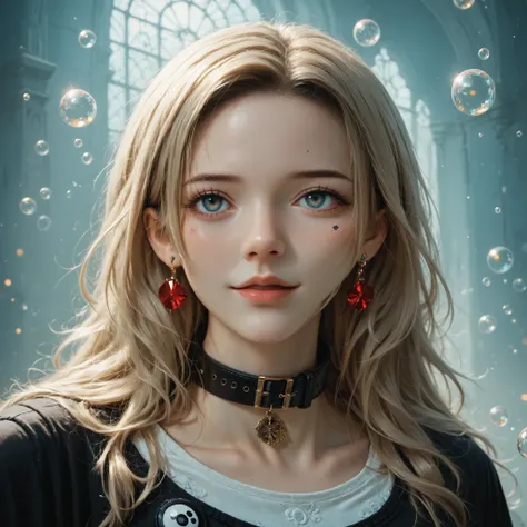 Pudding cake，masterpiece，high resolution，best quality，Hyper HD，very detailed with bubbles，Awards，16k，alone，（upper body），correct anatomy，beautiful cyberpunk girl，Original machine，cute face，emphasize，gradient beige hair，Hairline，（（Scarlet (shoukou shoku)Eyes...