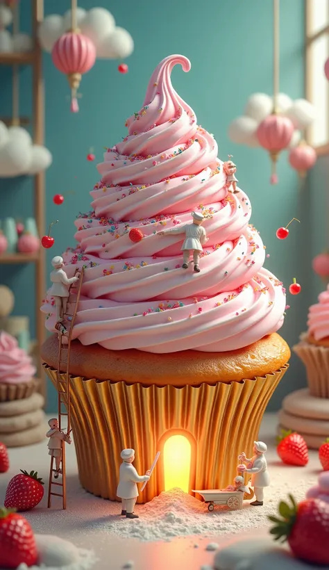 Create an image of
A giant cupcake towering like a building in the center of a magical bakery workshop.Tiny bakers, no taller than a cherry, are bustling all around it. Some climb wooden ladders to reach the frosting layers, skillfully piping swirls of pin...