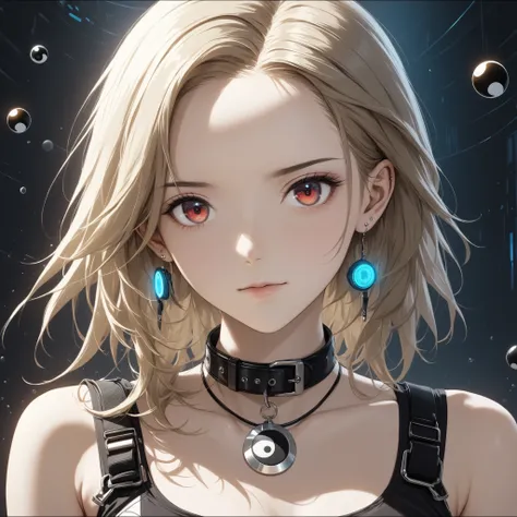Pudding cake，masterpiece，high resolution，best quality，Hyper HD，very detailed with bubbles，Awards，16k，alone，（upper body），correct anatomy，beautiful cyberpunk girl，Original machine，cute face，emphasize，gradient beige hair，Hairline，（（Scarlet (shoukou shoku)Eyes...