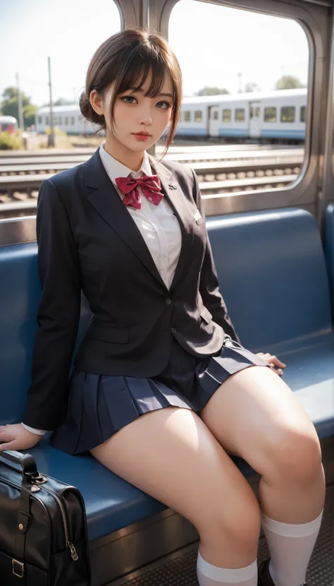 high resolution, 4K, solo, beautiful Japanese high school girl, detailed eyes, black blazer, white blouse, a ribbon, pleated skirt, white sox, loafers, brown hair, middle breast, sitting on train seat, (wide hip:1.4), detailed glossy (thick thigh:1.3), ...