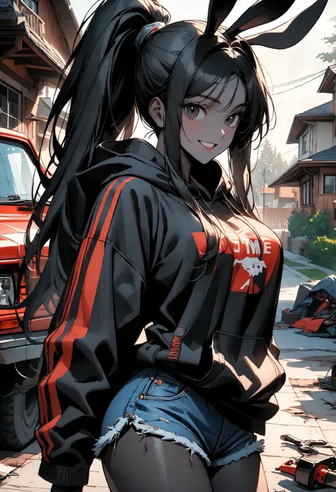 day, sunny, suburb, black skin, tools, 1990s pickup truck, red truck, comfy, driveway, rags, detailed, house, 4x4, 1girl, female, tomboy, rabbit girl, black skin, long hair, ponytail, black hair, bright black eyes, oversized hoodie, denim shorts, close up,...