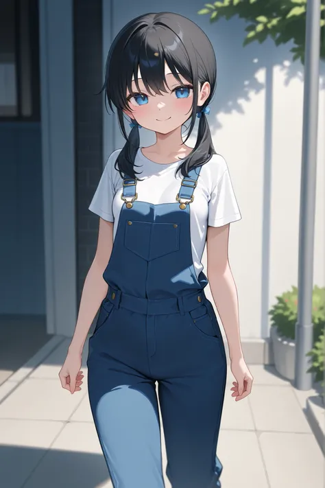 top quality、masterpiece、Height 150cm、high school girl、black hair、1 girl、solo、small breasts、pigtails、blue eyes、Outdoors、Walking、overalls、smile、