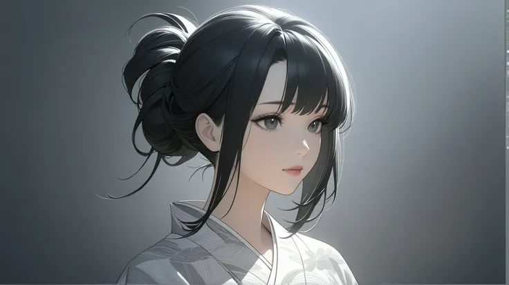 lose-up portrait of a graceful anime woman with long black hair in a traditional Japanese hairstyle, no sunglasses, wearing a subtle kimono with modern flair, soft expression with dignity and elegance, monochrome color scheme (black, white, gray), soft lig...
