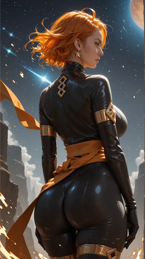 JeanGrey, black and gold bodysuit, Plumpy , large butt, fat buttocks, orange flame aura sparkling around her, elbow gloves, thigh highs, sash, levitating in dark space, kuna2, expressiveh
