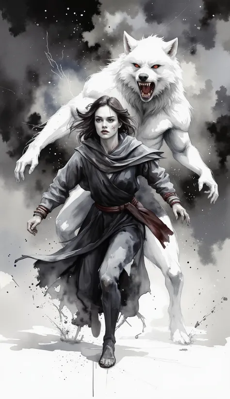 a powerful minimalist fantasy watercolor illustration of a mysterious woman in medieval clothes running with a terrifying white werewolf in humanoid form behind her, covered in scars, glowing red eyes, dynamic pose, ink splashes, detailed shading, expressi...