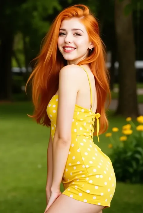 camiru1va A slender redhead with honey-colored eyes poses gracefully amidst lush greenery and vibrant flowers in a picturesque park setting. She wears a bright yellow summer dress with white polka dots that hugs her slim waist and accentuates her curvy hip...