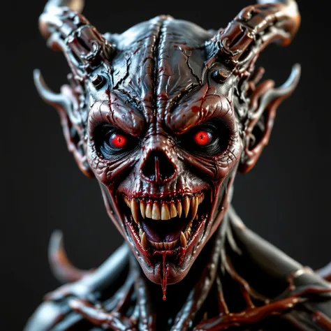 Hyper-realistic 3D portrait of a terrifying alien demon with four sharp, asymmetrical horns. Its face is soaked in blood, with glowing red eyes, slimy and cracked skin, and jagged bone-like teeth in a monstrous grin. The creature's flesh is alien — partial...