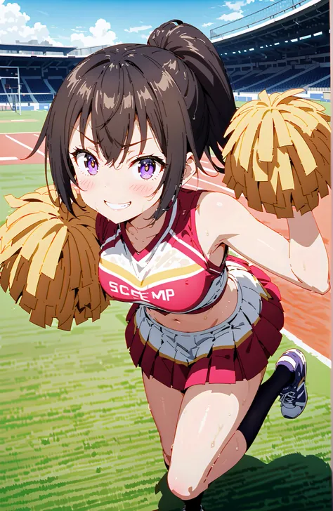 score_9, score_8_up, score_7_up, source_anime,  yuki suou,side lock, bungs, brown hair, black hair, hair between eyebrows, purple eyes, ponytail,smile,blush,grinning,(cheerleading), (full body),  on chest, (sweated), sweated Wet Clothes, (white clothes),Sl...