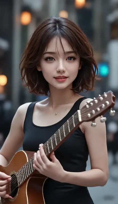 Here’s a refined prompt based on your description for a hyper-realistic, highly detailed 8K ultra HD image:
**Prompt:**
*A beautiful young woman with a captivating voice stands confidently, holding an acoustic guitar 🎸 as she sings passionately. She w...