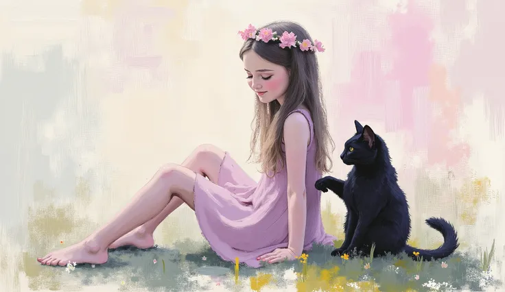 Anatomically Correct, plano general, a drawing of a girl with a black cat on her lap, a chalk sketch inspired by Ammi Phillips , , contest winner , fun and joyful pose , sorrindo, toyism, , hot summer , Flower Power , colored with many colors , c...