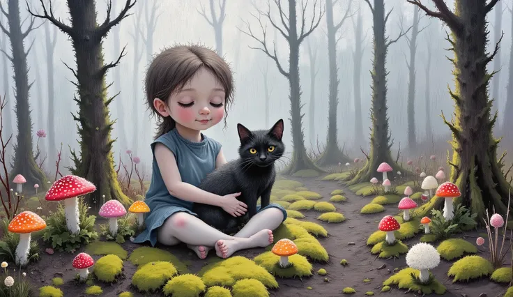 Anatomically Correct, plano general, a drawing of a girl with a black cat on her lap, a chalk sketch inspired by Ammi Phillips , , contest winner , fun and joyful pose , sorrindo, toyism, , hot summer , Flower Power , colored with many colors , c...