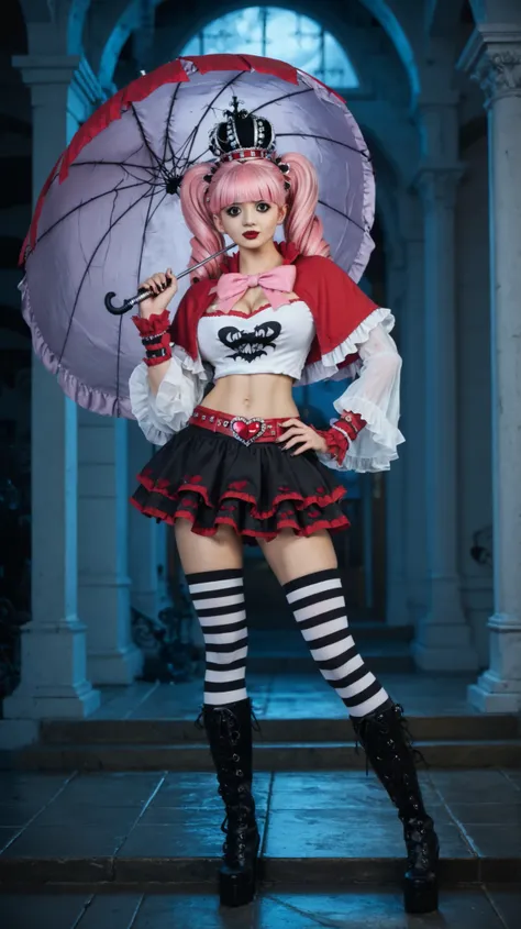 Masterpiece, top quality, 1girl, solo, zzPerona, anime style, gothic ta fashion, pink hair in twin drills, straight bangs, large round black eyes, eyelashes, red crown, holding a large gothic purple umbrella, red capelet with frills, big pink bow on chest,...