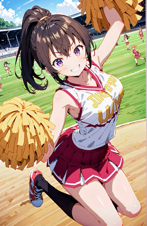 score_9, score_8_up, score_7_up, source_anime,  yuki suou,side lock, bungs, brown hair, black hair, hair between eyebrows, purple eyes, ponytail,smile,blush,grinning,(cheerleading), (full body),  on chest, (sweated), sweated Wet Clothes, (white clothes),Sl...