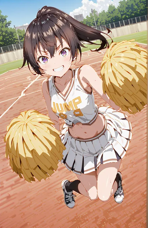 score_9, score_8_up, score_7_up, source_anime,  yuki suou,side lock, bungs, brown hair, black hair, hair between eyebrows, purple eyes, ponytail,smile,blush,grinning,(cheerleading), (full body),  on chest, (sweated), sweated Wet Clothes, (white clothes),Sl...