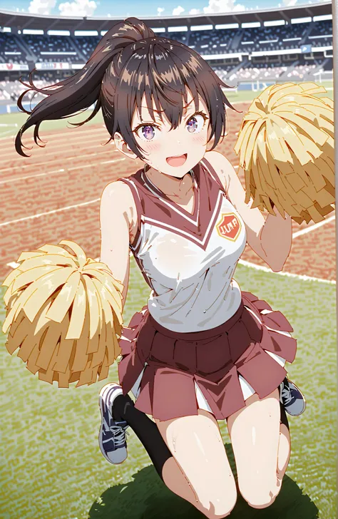 score_9, score_8_up, score_7_up, source_anime,  yuki suou,side lock, bungs, brown hair, black hair, hair between eyebrows, purple eyes, ponytail,smile,blush,grinning,(cheerleading), (full body),  on chest, (sweated), sweated Wet Clothes, (white clothes),Sl...
