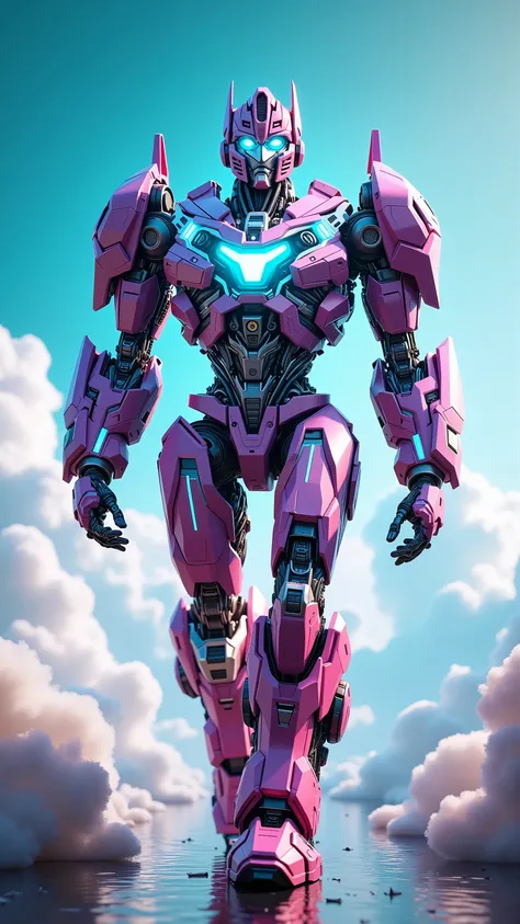 Canva reimagined as a creative interface-based Transformer robot, walking forward with modular UI elements orbiting around him, 1 male robot,
Face composed of transparent design grids and layered semiotic icons. His eyes glow with vibrant brand colors: t...