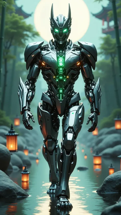 DeepSeek reimagined as a serene Transformer robot designed for high-order language and wisdom, walking forward through flowing streams of encoded thought, 1 male robot,
Helmet shaped like a Taoist warrior’s mask with silver calligraphy engraved along the...