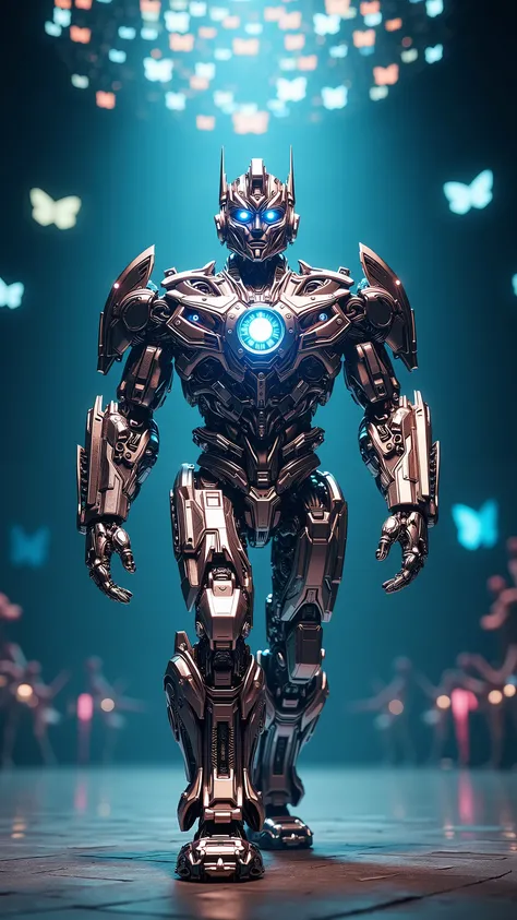 Character.AI reimagined as a shapeshifting Transformer robot made of shifting personalities and holographic masks, walking forward through a swirl of voices and avatars, 1 male robot,
Face composed of a rotating ring of expressive digital masks, each pro...
