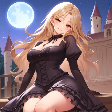 charlotte_wraith, Orange eyes, blonde hair, thick waist, dressed modestly, thick thigh, wearing victorian dress, seductive smile, head tilt, glistening, meadow, castle, moon lit night, csr style, mammoth_metal_style