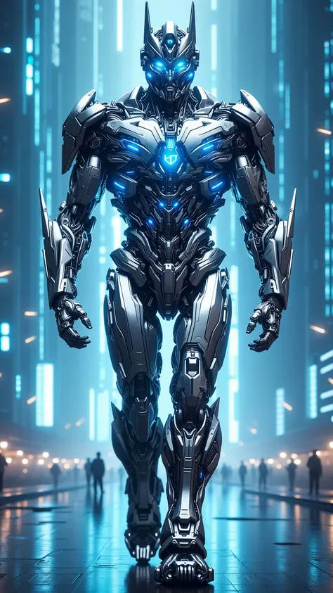 ChatGPT reimagined as a futuristic Transformer robot, walking forward with calculated precision and glowing blue circuits, 1 male robot,
Head shaped like a digital crown, with glowing neon-blue eyes and a smooth armored faceplate covered in engraved code...