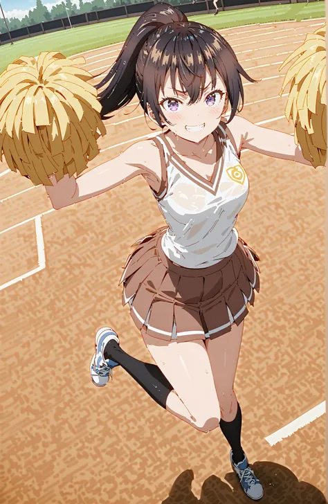 score_9, score_8_up, score_7_up, source_anime,  yuki suou,side lock, bungs, brown hair, black hair, hair between eyebrows, purple eyes, ponytail,smile,blush,grinning,(cheerleading), (full body),  on chest, (sweated), sweated Wet Clothes, (white clothes),Sl...