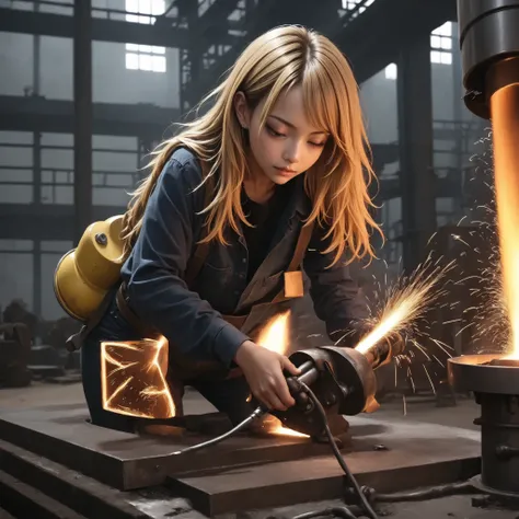 A girl welding at the top of a steel tower, a skilled welder, a TIG welder, a welding surface , a slim leather toolbelt + a slim leather full harness 、kogyaru